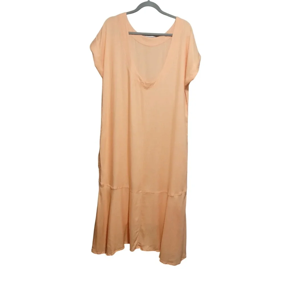 Free People Peach Midi Dress Deep Scoop Back‎ Ruffle Hem Pockets OB891286 Mens S